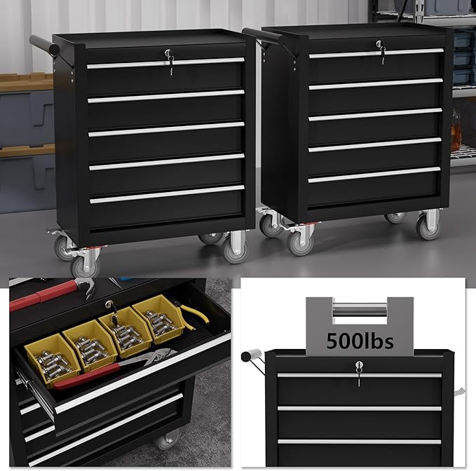 5-Drawer Tool Chest,Rolling Tool Cart with Wheels,High Capacity Tool Cabinet with Locking System for Garage, Warehouse, Workshop-Black