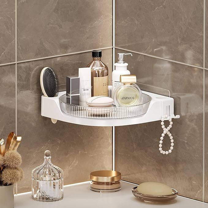 360 Rotating Makeup Organizer Spinning Bathroom Organizer 1 Pack Corner Storage Organizer with Hooks for Perfume Lotion Skincare Organizer Countertop Kitchen Storage(Clear)