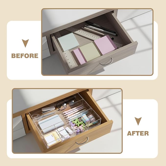 Acrylic Desk Drawer Organizer 14.37 x 11.81 x 2.17 Inch Storage Tray Organizer for Pens, Stationery, Desktop, Office, Bathroom, Kitchen, Makeup Supplies(6 Compartments, Clear)