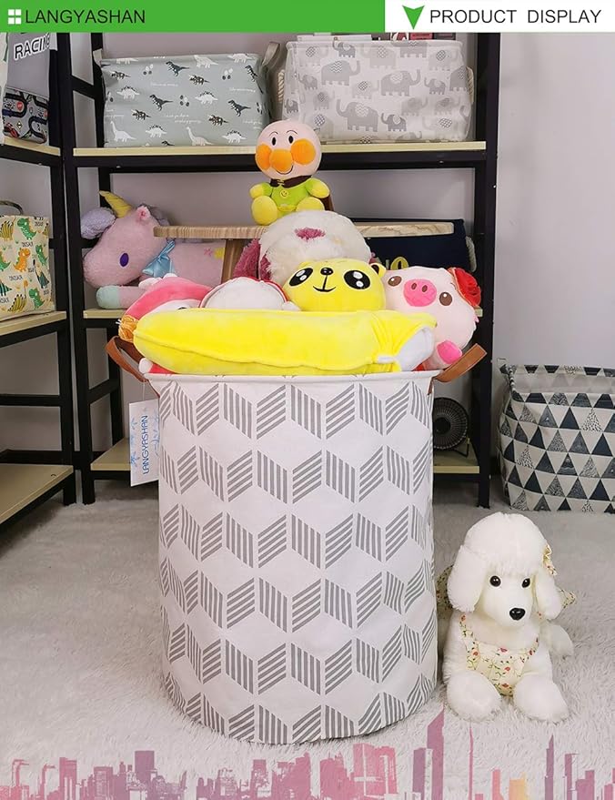 LANGYASHAN Laundry Basket Canvas Fabric Collapsible Organizer Basket for Storage Bin Toy Bins Gift Baskets Bedroom Clothes Children Nursery Hamper (Gery wave)