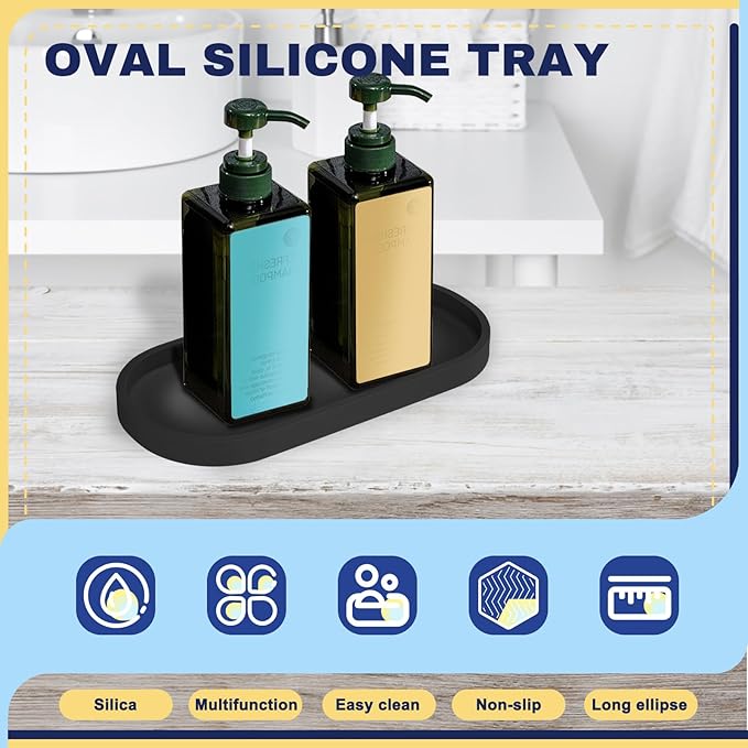 2 Pieces Silicone Shatterproof Bathroom Vanity Tray, 9.8" & 11.8" Oval Black Kitchen Counter Tray, Hand Soap Dispenser Tray, Toilet Top Perfume Trays for Dresser Holder Organizer (Black)