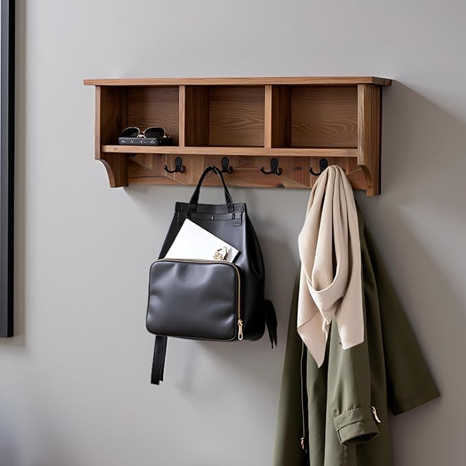Revive Solid Wood Wall Mounted Coat Rack with 3 Cubbies and 4 Double Hooks – 36" Entryway Wall Shelf Organizer with Easy Installation for Hallway or Mudroom Storage by Alaterre Furniture (Natural)