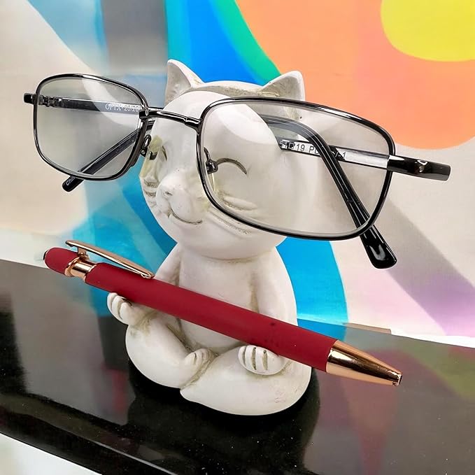 Top Brass Yoga Cat Eyeglasses & Pen Holder – Whimsical Reading Glasses Sunglasses Stand – Funny Desk Nightstand Glasses Keeper Rack Display – Meditating Zen Lotus Pose Figurine