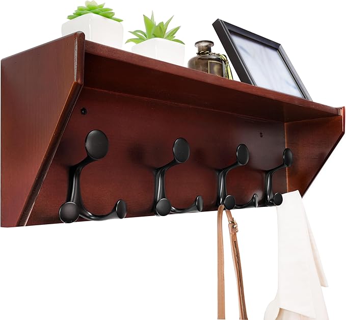 WEBI Wall Shelf with Hooks Underneath,24” Long Wall Mounted Coat Rack with Shelf,Entryway Coat Rack with 4 Triple Hooks for Hanging Coats,Jacket,Hallway,Bedroom,Mudroom,Cherry