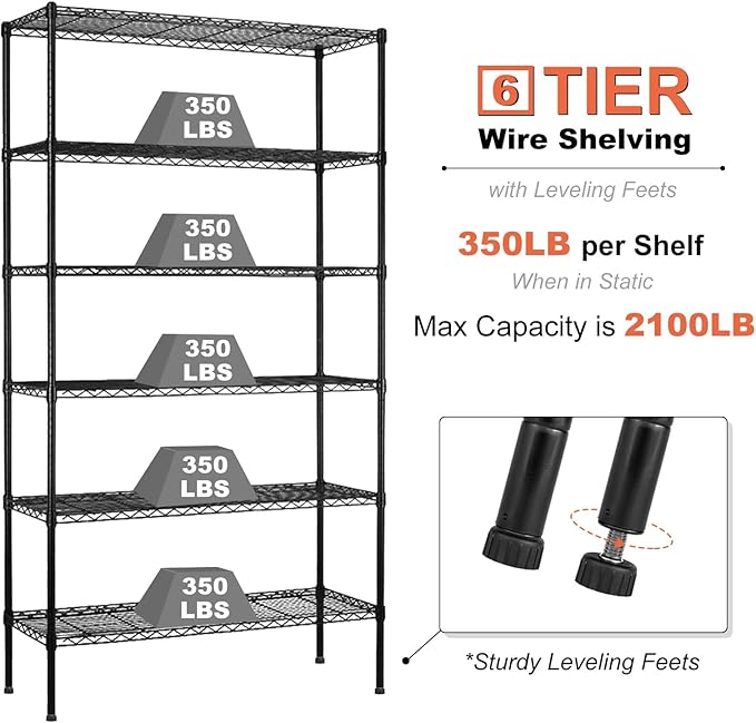 6-Tier Storage Shelves NSF Certified Wire Shelving Unit on Wheels Heavy Duty Metal Shelves Adjustable Steel Shelving 2100Lbs Capacity for Closet Pantry Basement- (18"x48"x82", Black)