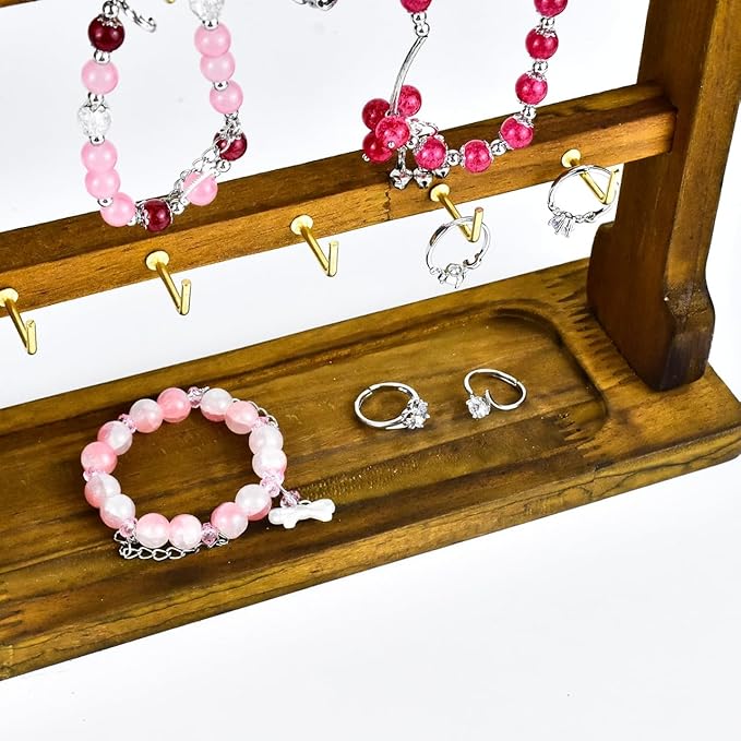 4 Layers of Wooden Display Eacks With Hooks for Necklaces. Rings, Earrings, Bracelets, And Other Jewelry Storage Display Rack (Walnut Wood Color)