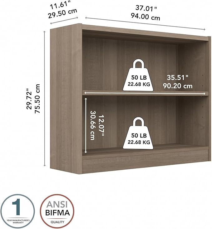 Bush Furniture Universal Small 2 Shelf Bookcase in Ash Gray, Low Storage and Display Bookshelf for Home Office or Living Room Organization