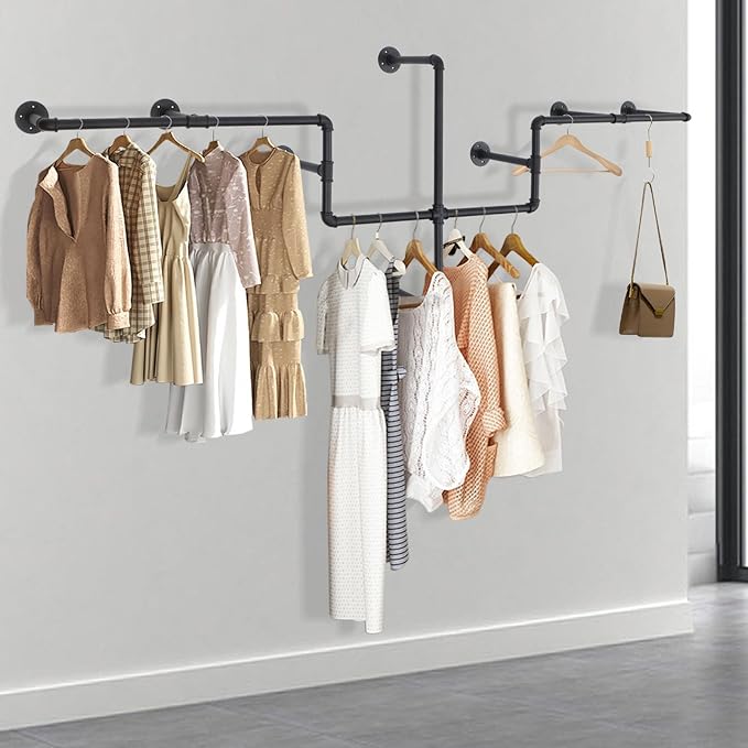 Industrial Pipe Clothes Rack Wall Mounted, 85.83 inches Heavy Duty Iron Pipe Clothing Garment Rail, Multi-Purpose Clothing Hanging Rod for Laundry Room and Closet Storage