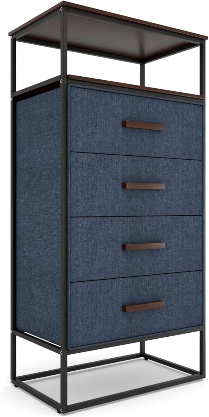 tinge Zana Premium Fabric Dresser - Strong Metal Frame, 4 Spacious Sag-Proof Drawers & Sturdy Wooden Top Shelf - Premium, Sleek & Durable Storage Solution for Your Home (Navy)