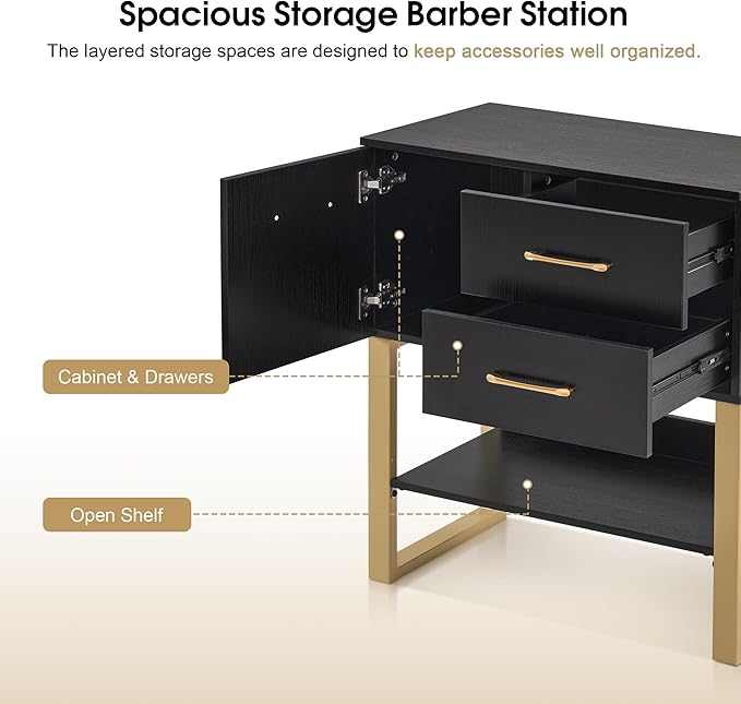 BarberPub Beauty Barber Station, Spa Wall Mount Storage Cabinet, Styling Salon Equipment for Hair Stylist, Bathroom Dresser with Drawers & Shelf 3185 (Black)