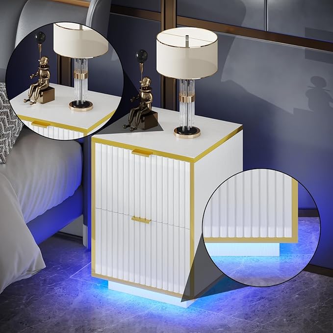 Fluted Nightstand Set of 2, White End Table with LED, Modern Floating Night Stand with Base, Bedside Table with Storage, End Table with Drawers for Bedroom, White and Gold