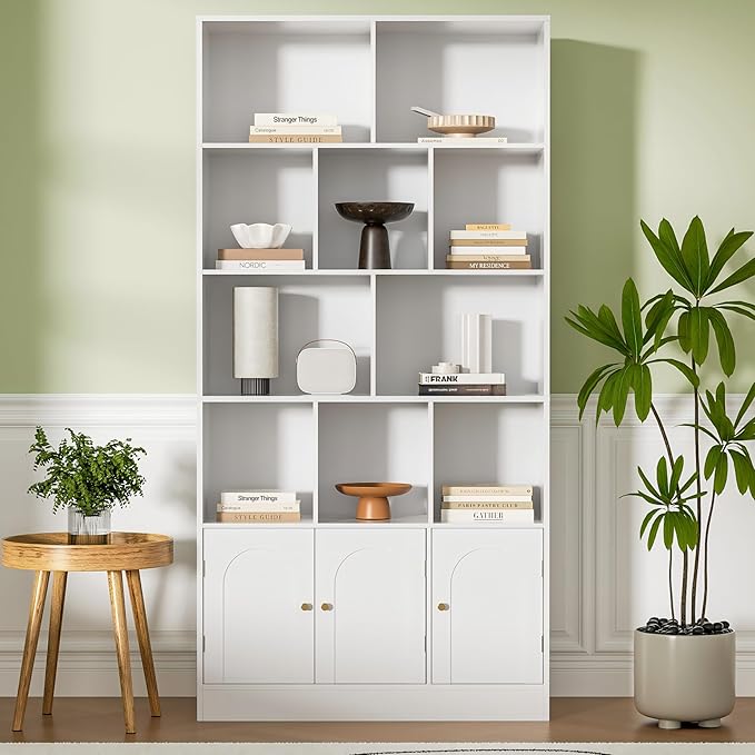 71" Tall Bookshelf with 10 Cubes and 3 Doors, 4-Tier Bookshelf, Open Shelf Bookcase with Cabinet, Modern Cube Storage Organizer for Living Room, and Office, White