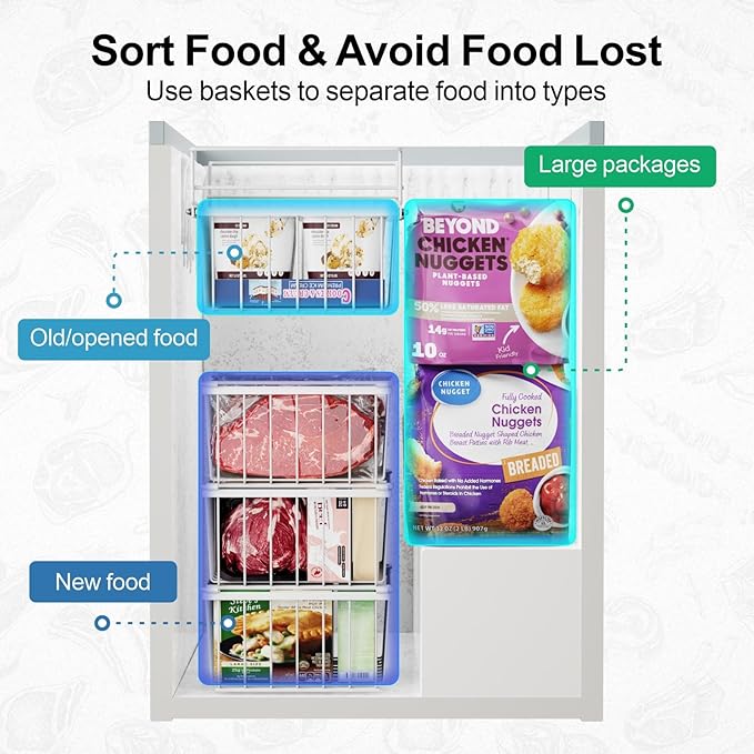 iSPECLE Deep Freezer Organizer Bins - 15.2"~17.5" Freezer Baskets for Chest Freezer, 5 Cu.FT Deep Chest Freezer Organizer Bins, 1 Expandable Hanging Basket and 3 Pack Stackable Bins, 4 Pack White