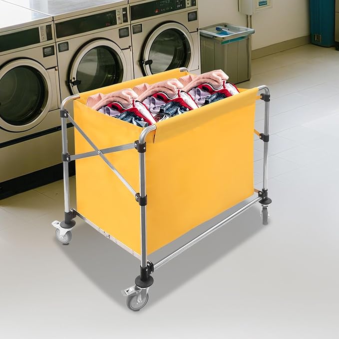 Commercial Laundry Cart with Wheels,Folding Laundry Hamper Cart,Heavy Duty Rolling Laundry Basket with Large Capacity,Laundry Sorter Trolley for Home Hotel Apartment (Yellow, 35.43 * 23.62 * 34.65in)