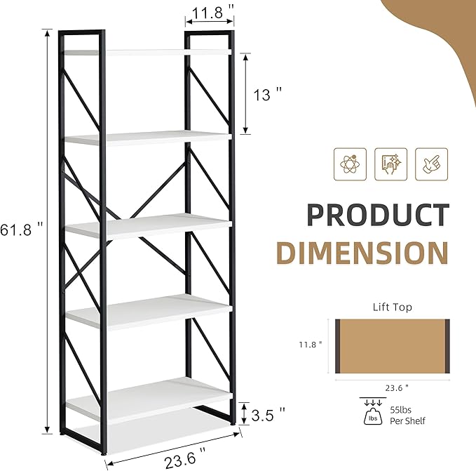 Vongrasig 5 Tier Bookshelf, Modern Tall Bookcase, Industrial Book Shelves Display Standing Shelf, Free Standing Storage Organizer for Bedroom, Living Room, White