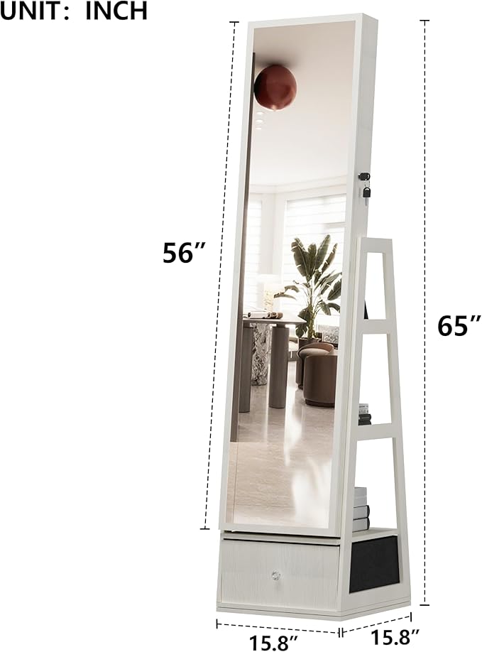 Montary Jewelry Cabinet with Full-Length Mirror - Freestanding Jewelry Armoire with Lockable Storage, Built-In Lighted Mirror & Back Storage Cabinet, White
