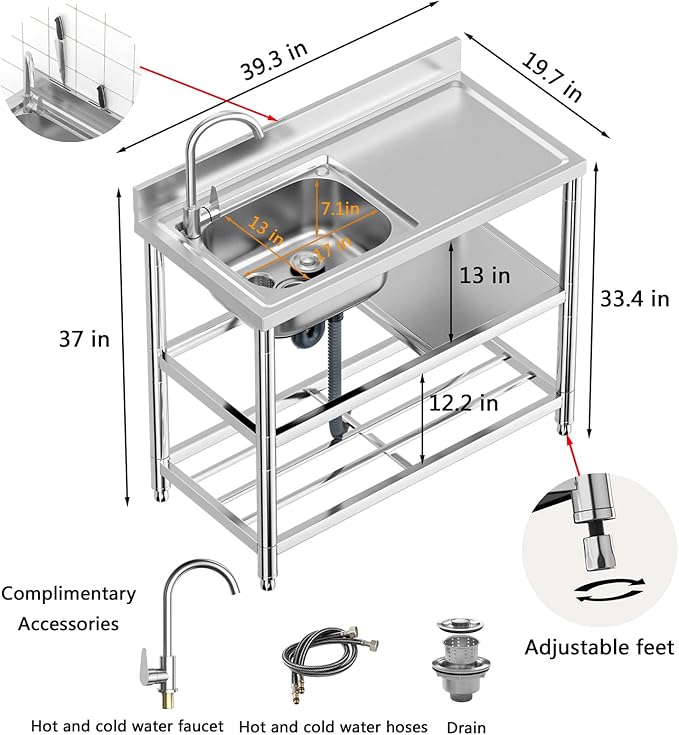 Free Standing Stainless-Steel Single Bowl Commercial Restaurant Kitchen Sink Set w/Faucet & Drainboard, Prep & Utility Washing Hand Basin w/Workbench & Double Storage Shelves Indoor Outdoor (39.5in)