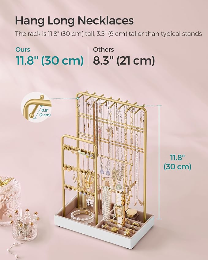 SONGMICS Jewelry Holder, Jewelry Organizer, Jewelry Display Stand with Metal Frame, Velvet Tray, Necklace Earring Bracelet Holder, for Studs, Rings, Christmas Gift, Pale Gold UJJS021A01