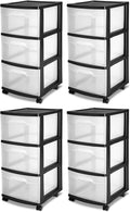 Sterilite 4-Pack 3-Drawer Rolling Plastic Storage Cart, Black Frame and Clear Drawers – Home, Office, or Dorm Portable Organizer with Removable Wheels