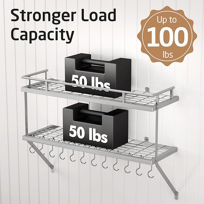 KES 30-Inch Silver Gray Pot Rack Wall Mounted, 2-Tier Hanging Pot and Pan Organizer with 12 Sturdy Hooks, Kitchen Wall Hanger Shelves Modern, KUR215S75B-SG