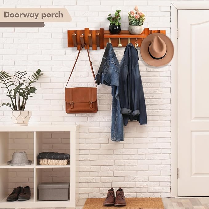 Zingoetrie Wooden Coat Rack Wall Mount Red Brown 11 Hooks Key Holder Umbrella Entryway Shelf Housewarming Holiday Gifts