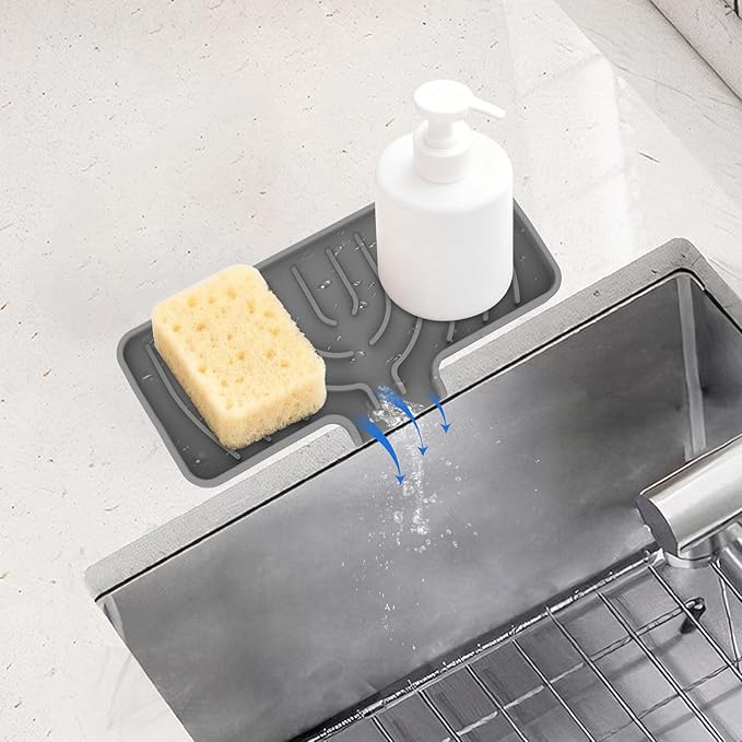 Silicone Sponge Holder for Kitchen Sink With Drain Spout, Self Draining, Kitchen Soap Tray, Bathroom Organizer, Sink Caddy, Perfect for Dispenser, Scrubber, Bottle, Cup on Counter-Grey 10"×4"