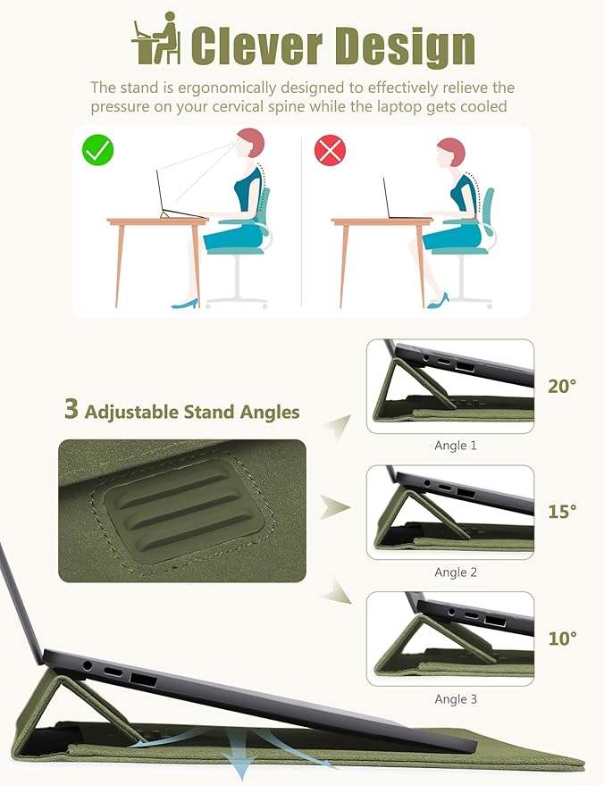 HYZUO 13 Inch Laptop Sleeve with Stand Feature for MacBook Air 13 M4 M3 M2 M1 2025-2018, MacBook Pro 13 M2 M1, 13" iPad Pro/Air, Surface Pro, with Carry Bag, Olive Green