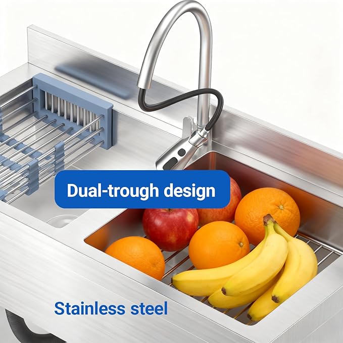 Stainless Steel Utility Sink Commercial Stainless Steel Double Bowl Utility Sink with Faucet, Drainboard & Lower Shelf - Heavy Duty Kitchen Prep & Cleaning Station for Restaurant, Garage, Laundry Room