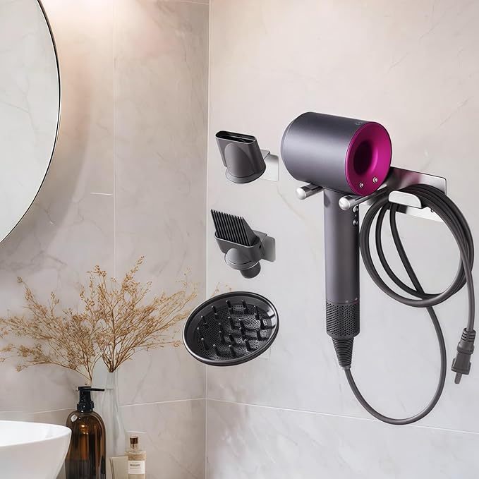 Dyson Hair Dryer Holder, Hair Dryer Wall Mount Organizer for Supersonic & Nural, Stainless Steel Dyson Blow Dryer Holder with Magnetic Rings, Waterproof & Rust Resistant for Bathroom/Salon PTALSEAW
