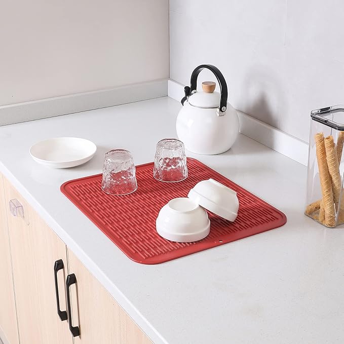 Silicone Dish Drying Mat for Multiple Usage,Easy clean,Eco-friendly,Heat-resistant Silicone Mat for Kitchen Counter or Sink,Refrigerator or Drawer Liner Red XL 18 inches x 16 inches