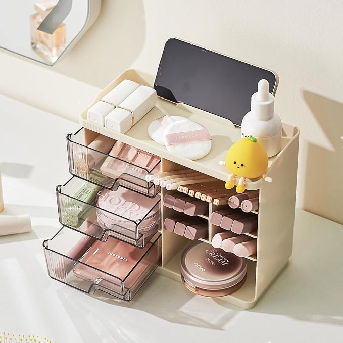 Makeup Organizer Countertop with 3 Drawers, Multi-Function Desktop Vanity Organizer for Skincare Makeup Brush Lipstick, Bathroom Counter Organizer, Cream White