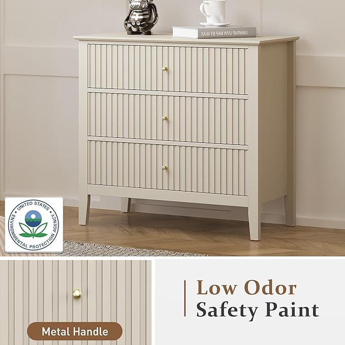 RoyalCraft Beige Fluted 3 Drawer Dresser, 32 inch Wide Dresser Nightstand for Bedroom, Modern Wood Chest of Drawers, Large Painted Nightstand with 3 Drawers for Closet, Hallway, Entryway