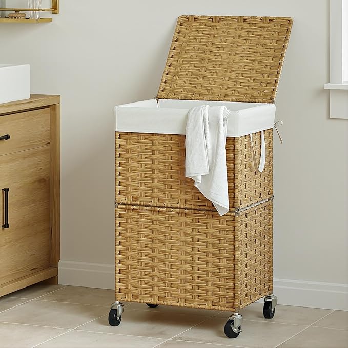 Chrislley 90L Slim Laundry Hamper with Wheels, Rolling Laundry Basket with Lid and Renovable Liner Bag, Handwoven Rattan Organizer for bedroom, bathroom, laundry room (Yellow)