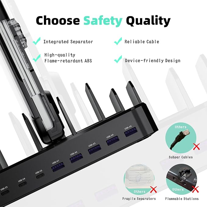 320W Charging Station for Multiple Devices, Zobirez 10-Port USB C Fast Charger Stations for MacBook, iPhone, Android Cell Phone, iPad, Tablet, Family Multi-Device Organizer Charging Dock, Black