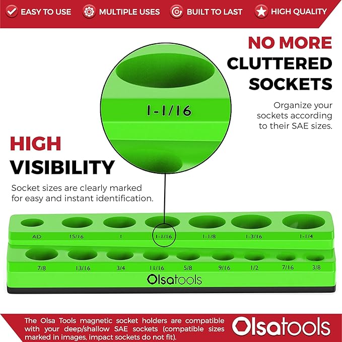 Olsa Tools Magnetic Socket Organizer | 1/2-inch Drive | SAE | Green | Holds 16 Sockets | Professional Quality Tools Organizer