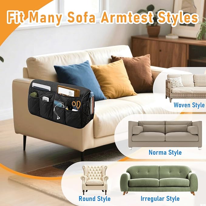 Armchair Caddy, Sofa Armrest Organizer, Non Slip Remote Control Holder for Recliners, Recliner Arm Caddy with 14 Pockets Storage for TV Remote, Phone, Magazine (Black)
