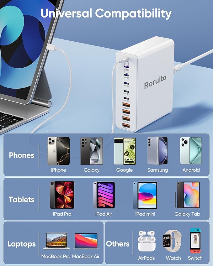 800W USB Charging Station, 120W PD GaN5 Super Fast USB C Charger Block-10 Port, Type C for PC Laptop MacBook Pro/Air Charger Compatible with iPhone 17 16 15 14 13 12 Pro Max, iPad, Galaxy