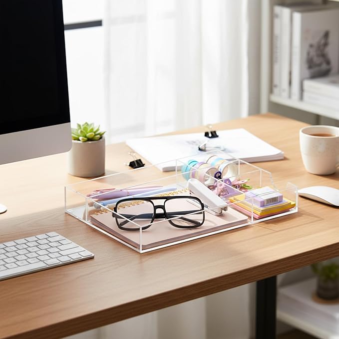 Acrylic Desk Drawer Organizer 12.2 x 8.27 x 1.77 Inch Storage Tray Organizer for Pens, Stationery, Desktop, Office, Bathroom, Kitchen, Makeup Supplies(5 Compartments, Clear)