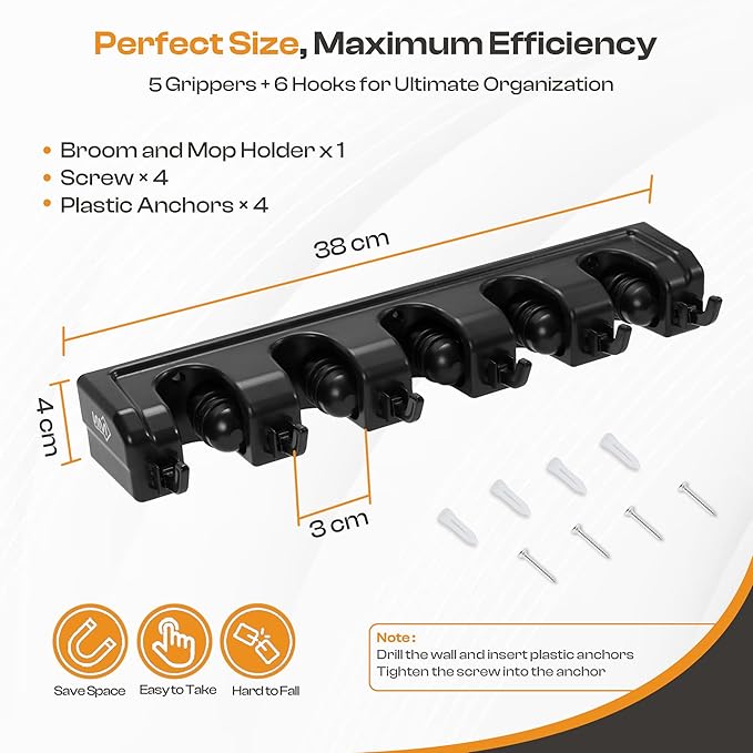 Heavy Duty ABS Plastic Broom Holder with 5 Slots and 6 Hooks | Wall Mount Mop and Broom Hanger | Waterproof Broom Organizer with Screws| Wall Mount Tool Organizer for Garage Storage