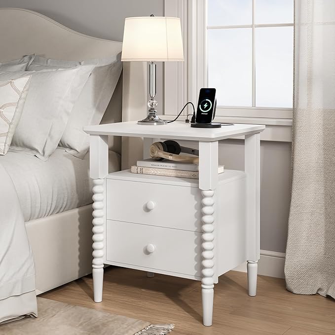 White Nightstand, Vintage Night Stand with Charging Station, Modern Bedside Table with Drawers, End Table with Solid Wood Legs, Bed Side Tables for Bedroom, White