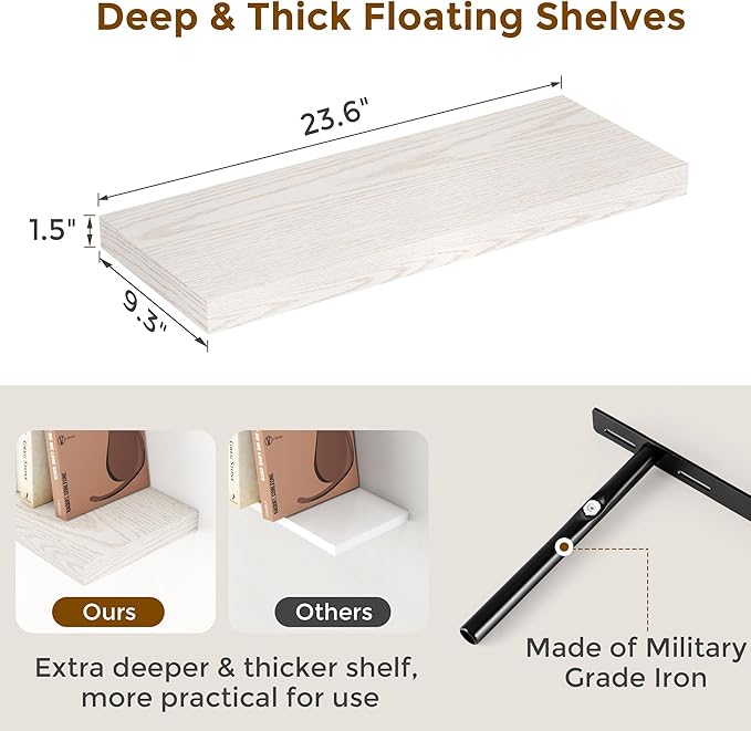 24 Inch Floating Shelves for Wall 2 Pack for Bedroom|Kitchen|Bathroom, Wall Mounted Rustic Wood Shelves, 9.3 Inch deep Floating Shelf with Invisible Brackets for Books|Storage|Decor,Brich