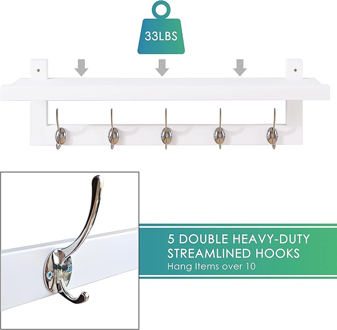 SMIBUY Coat Hooks with Shelf Wall-Mounted, 29.2 Inch Entryway Coat Rack for Wall, Bamboo Hanging Shelf with 5 Double Metal Hooks for Bathroom, Bedroom, Kitchen, Living Room, Mudroom (White)