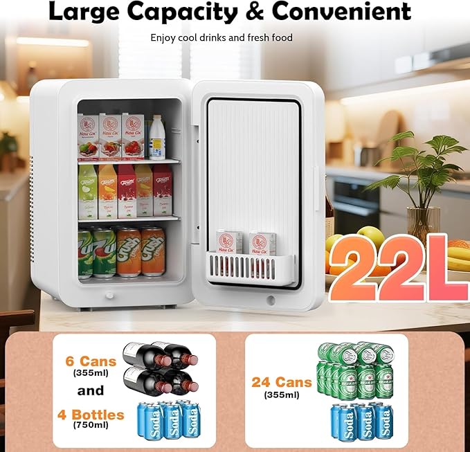 advwin 22L Mini Fridge for Bedroom, 30 Cans Portable Cooler & Warmer Compact Refrigerators with AC/DC Power for Skin Care, Beverage, Cosmetics, Food, Drinks, Office Desk Dorm Room