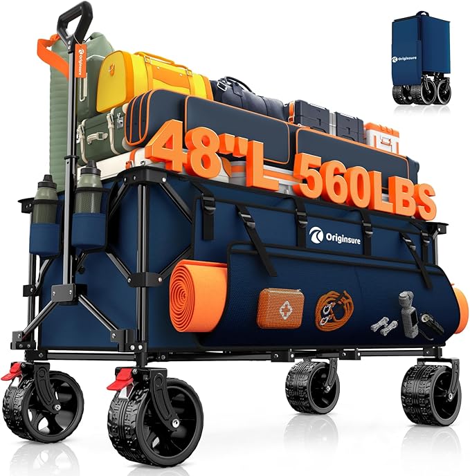 48" L Folding Beach Wagon Cart Foldable, 560lbs Weight Capacity 300L Heavy Duty Collapsible Wagons with Big All-Terrain Wheels, Utility Carts for Groceries, Shopping, Camping, Sports - Blue