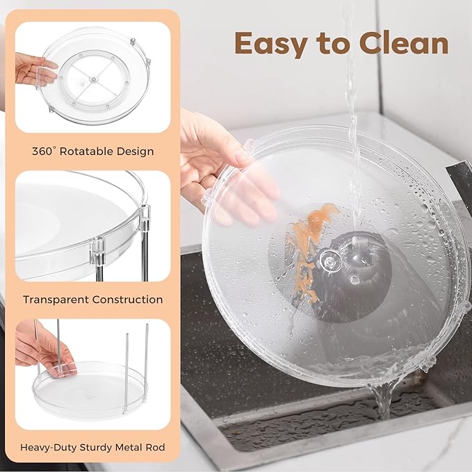 2-Pack 2-Tier Clear Lazy Susan Turntable Organizer, 9.5" Rotating Spice Rack for Kitchen Cabinet, Countertop Tray for Bathroom & Vanity to Organize Makeup, Perfume and Jewelry