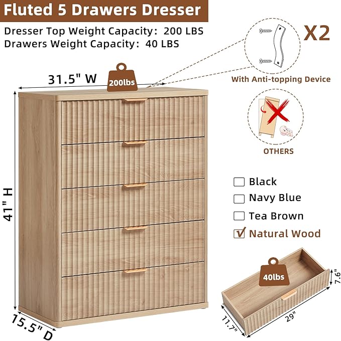 LEYAOYAO Fluted 5 Drawers Dresser for Bedroom, 41" Tall Modern Chest of Drawers with Metal Handle for Bedroom, Living Room, Hallway, Entryway