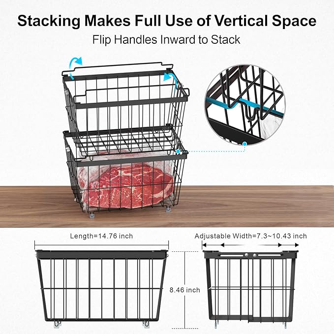 iSPECLE Freezer Organizer Bins - 5 Pack Adjustable & Extra Large Deep Freezer Organizer Bins for 5 to 9 Cu.Ft Chest Freezer, Easy Organize Basket Store More, Stackable No Wasted Space, Black