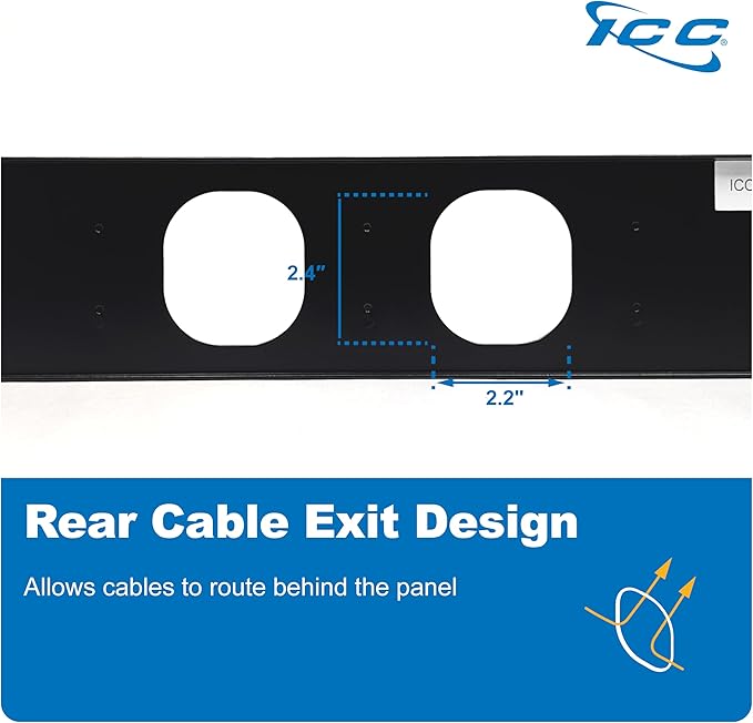 ICC 2U Ring Cable Manager Panel with Cover, Metal, 3" D-Rings, Horizontal and Vertical Cable Management, Rackmount for 19” Network Racks, Black, Single Pack