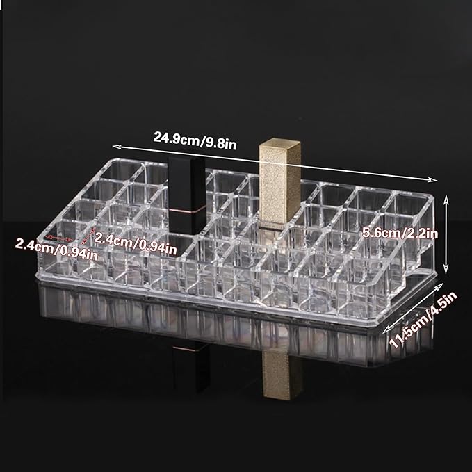 36 Slots Acrylic Lipstick Organizer, Thickened Multi-Grid Clear Lip Gloss Perfume Sample Mascara Display Storage Holder for Drawer and Vanity, 10 x 4.6 x 2.3 Inch