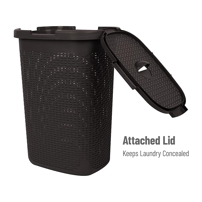 Mind Reader Slim Laundry Hamper with Lid, 60L Clothes Basket, Premium Wicker Design, Plastic, Brown